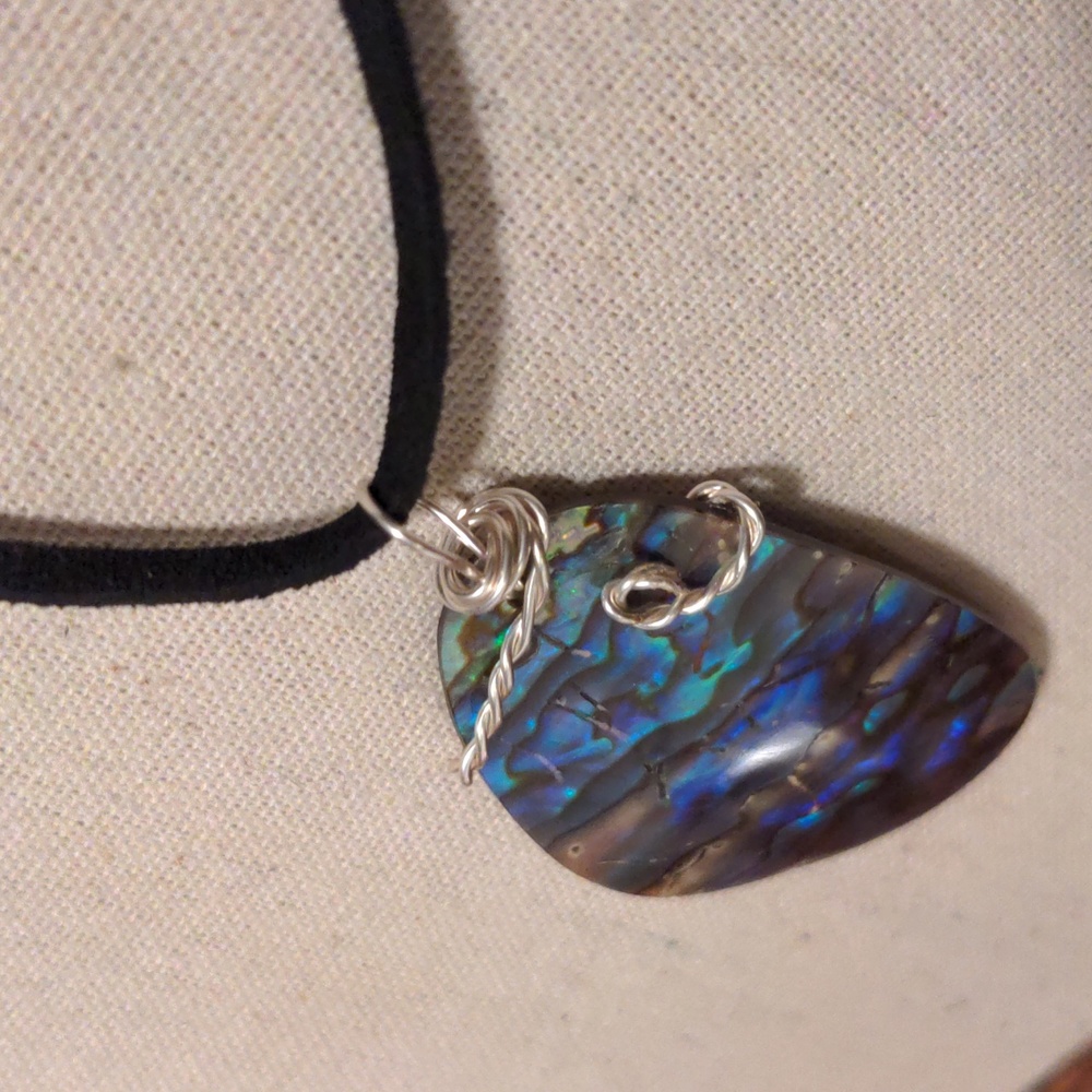 Handmade Teardrop Silver Wire Wrapped Abalone Pendant Black Suede Cord - Picture 3 of 7